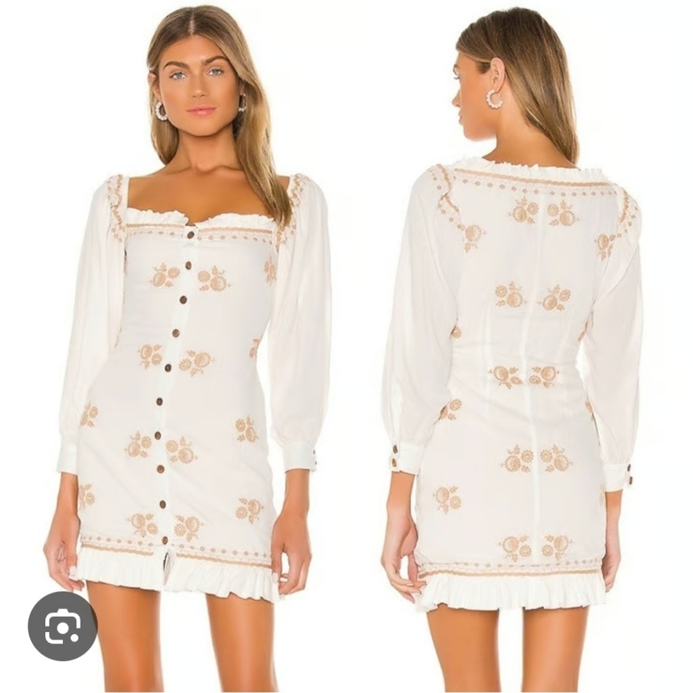 Majorelle White Embroidered Button Front Boho Mini Dress Long Sleeve Size XL NWT